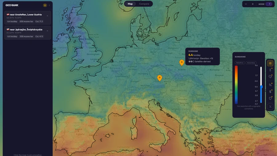 GeoRank map with pinned locations and shortlist panel