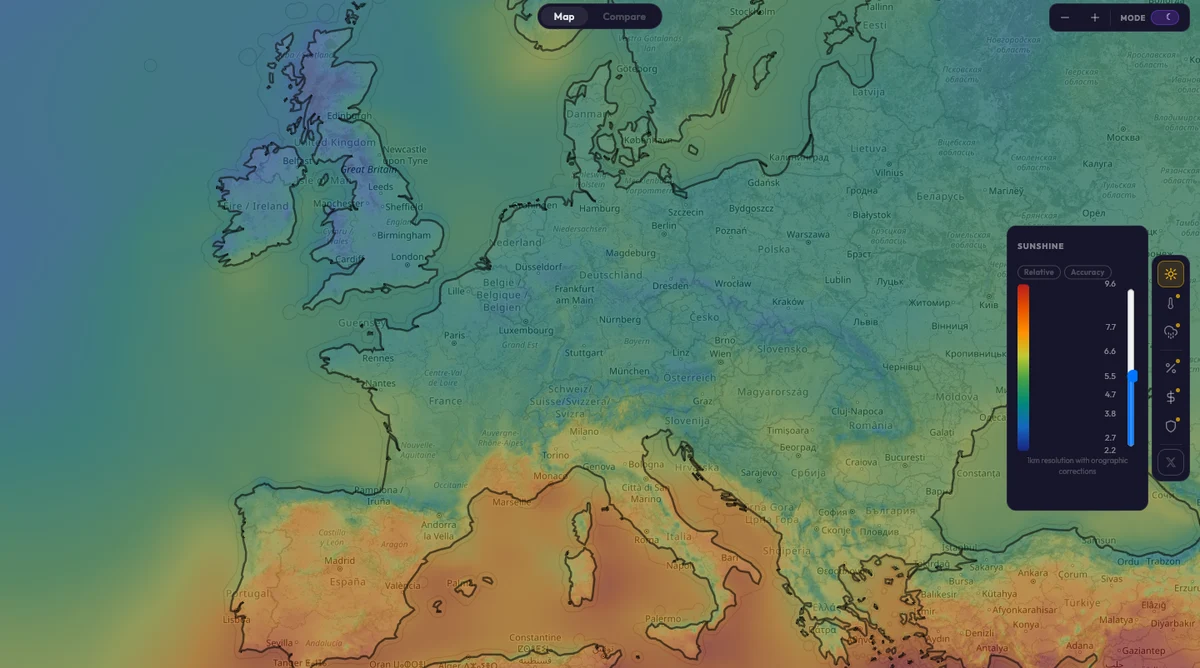 GeoRank interactive map showing global sunshine hours